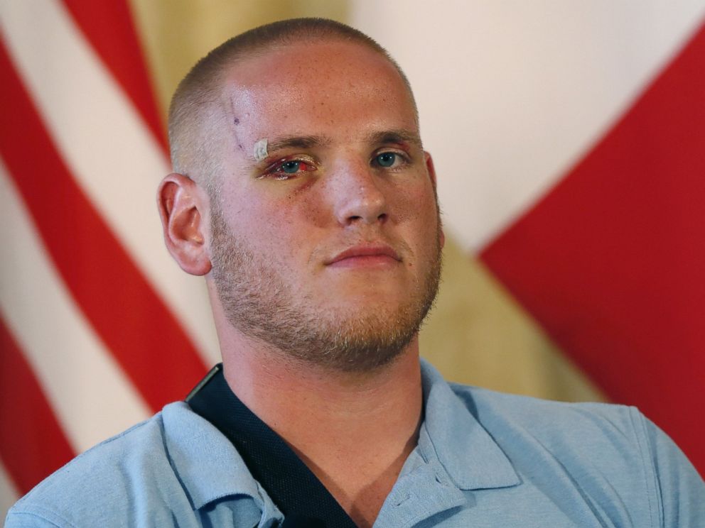 PHOTO: Off-duty U.S. serviceman Spencer Stone poses after a press conference at the U.S. embassy in Paris on Aug. 23, 2015, two days after 25-year-old Moroccan Ayoub El-Khazzani opened fire on a Thalys train traveling from Amsterdam to Paris.