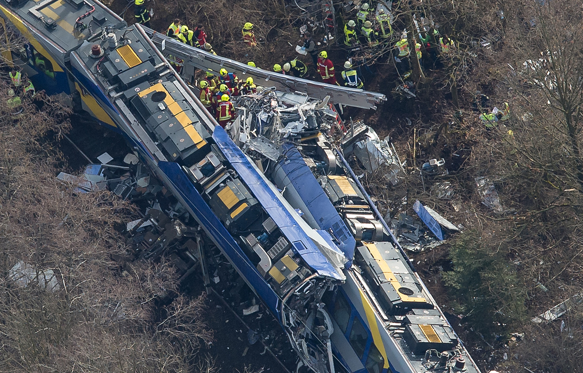 PHOTO: Aerial view shows firefighters and emergency doctors working at the site of a train accident near Bad Aibling, Germany, Feb. 9, 2016.