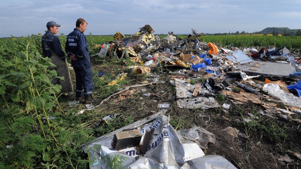 PHOTO: Employees of the Ukrainian State Emergency Service look at the wreckage of Malaysia Airlines flight MH17 two days after it crashed in a sunflower field near the village of Rassipnoe on July 19, 2014.