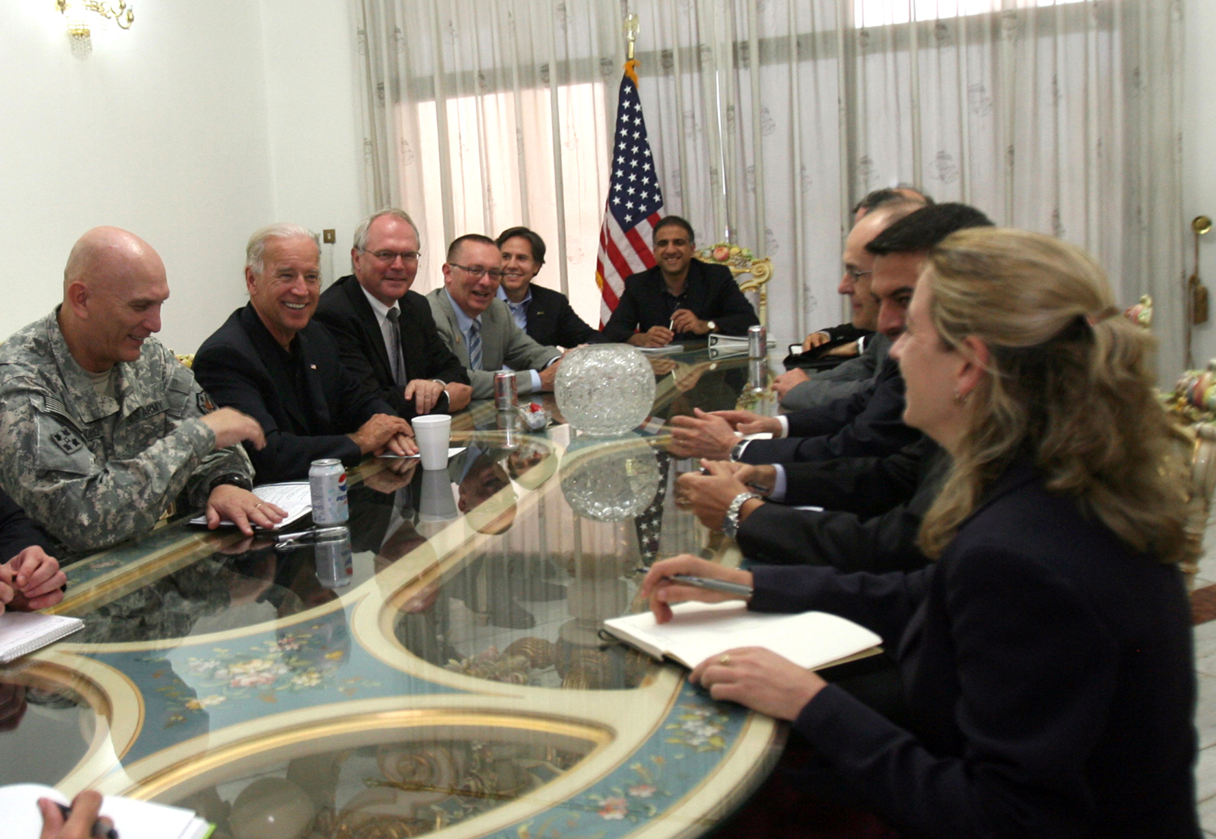 PHOTO: Vice President Joe Biden sits along side Gen. Ray Odierno and U.S. Ambassador to Iraq Christopher Hill during a meeting at the US Embassy in Baghdad, July 3, 2010.