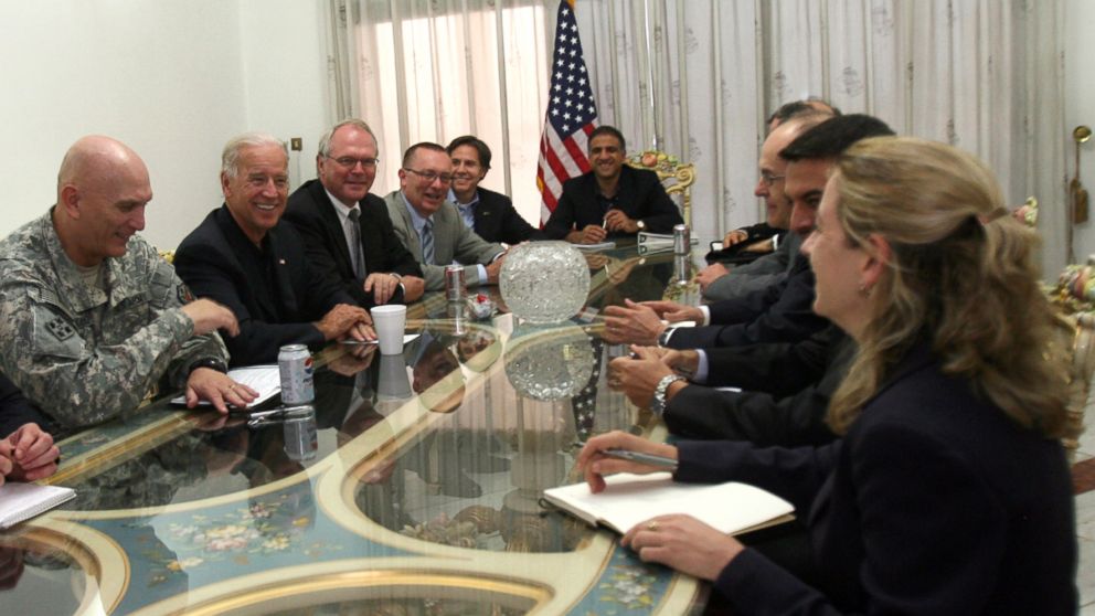 PHOTO: Vice President Joe Biden sits along side Gen. Ray Odierno and U.S. Ambassador to Iraq Christopher Hill during a meeting at the US Embassy in Baghdad, July 3, 2010.