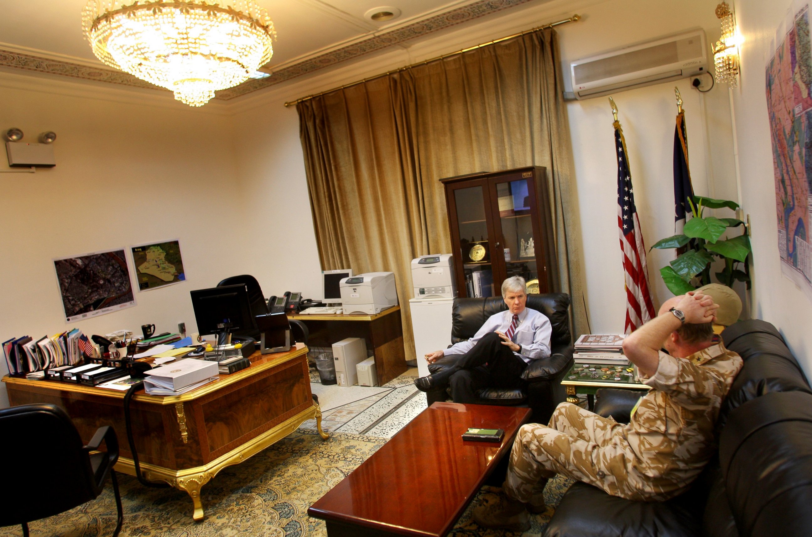 PHOTO: U.S. Ambassador to Iraq Ryan Crocker speaks with British Deputy Commanding General W.R. Rollo in Crocker's office at the U.S. Embassy, Sept. 5, 2007 in Baghdad, Iraq.
