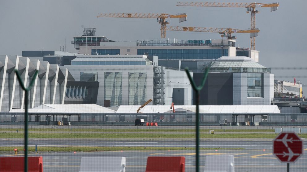 A picture taken on March 29, 2016 shows tents at Zaventem Airport in Brussels, where authorities are running a series of tests to see if makeshift check-in facilities are good enough to restart some flights and that repair work and new security measures are adequate after the deadly March 22 attacks.