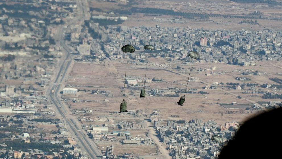 PHOTO: A handout picture released by the official Jordanian news agency Petra shows an airdrop of humanitarian and relief aid to the southern Gaza Strip carried out by members of the Jordanian army on Nov. 12, 2024