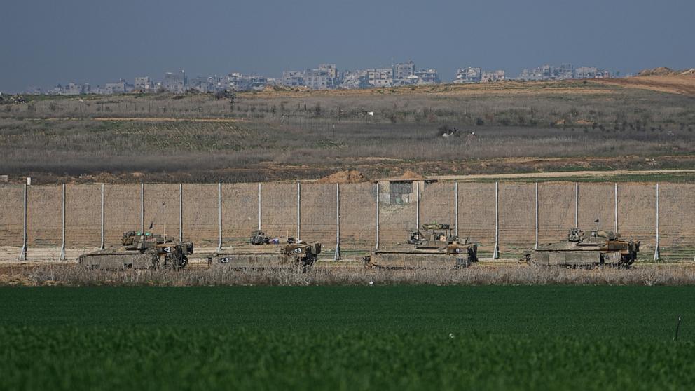 PHOTO: Israeli armored vehicles are pictured moving along the border with the Gaza Strip in southern Israel on Jan. 16, 2025.