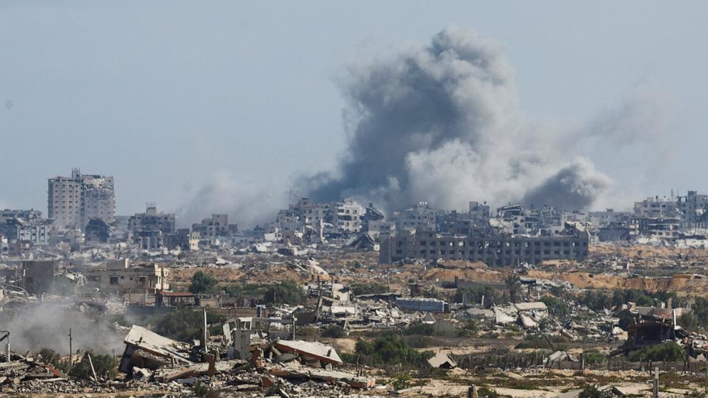 PHOTO: Smoke rises following explosions in Gaza City, as seen from central Gaza Strip, on Oct. 5, 2025.