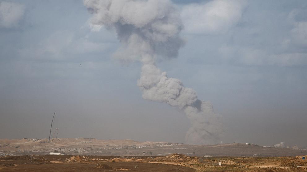 PHOTO: Smoke rises in Gaza after an explosion as seen from the Israeli side of the Israel-Gaza border on Sept. 21, 2025.