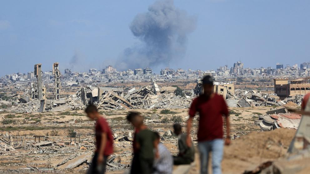 PHOTO: Smoke rises following explosions amid Israel's offensive in Gaza City, as seen from the central Gaza Strip, on Oct. 6, 2025.