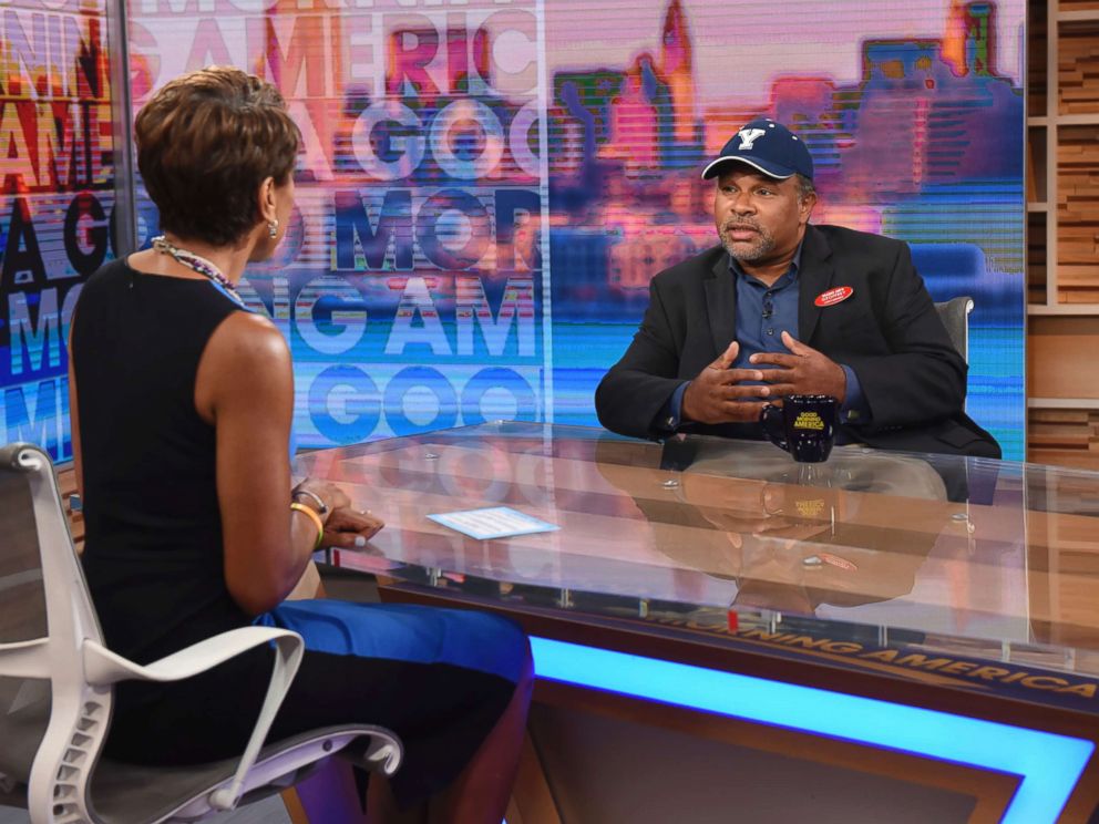 PHOTO: This image released by ABC shows co-host Robin Roberts, left, with The Cosby Show actor Geoffrey Owens during an interview on Good Morning America, Tuesday, Sept. 4, 2018, in New York.