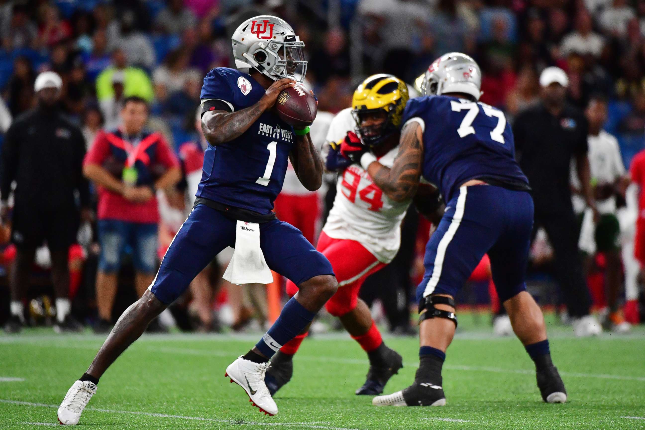 PHOTO: Tyler Huntley from Utah playing for the West Team during the third quarter against the East Team at the 2020 East West Shrine Bowl at Tropicana Field on Jan. 18, 2020, in St Petersburg, Fla.