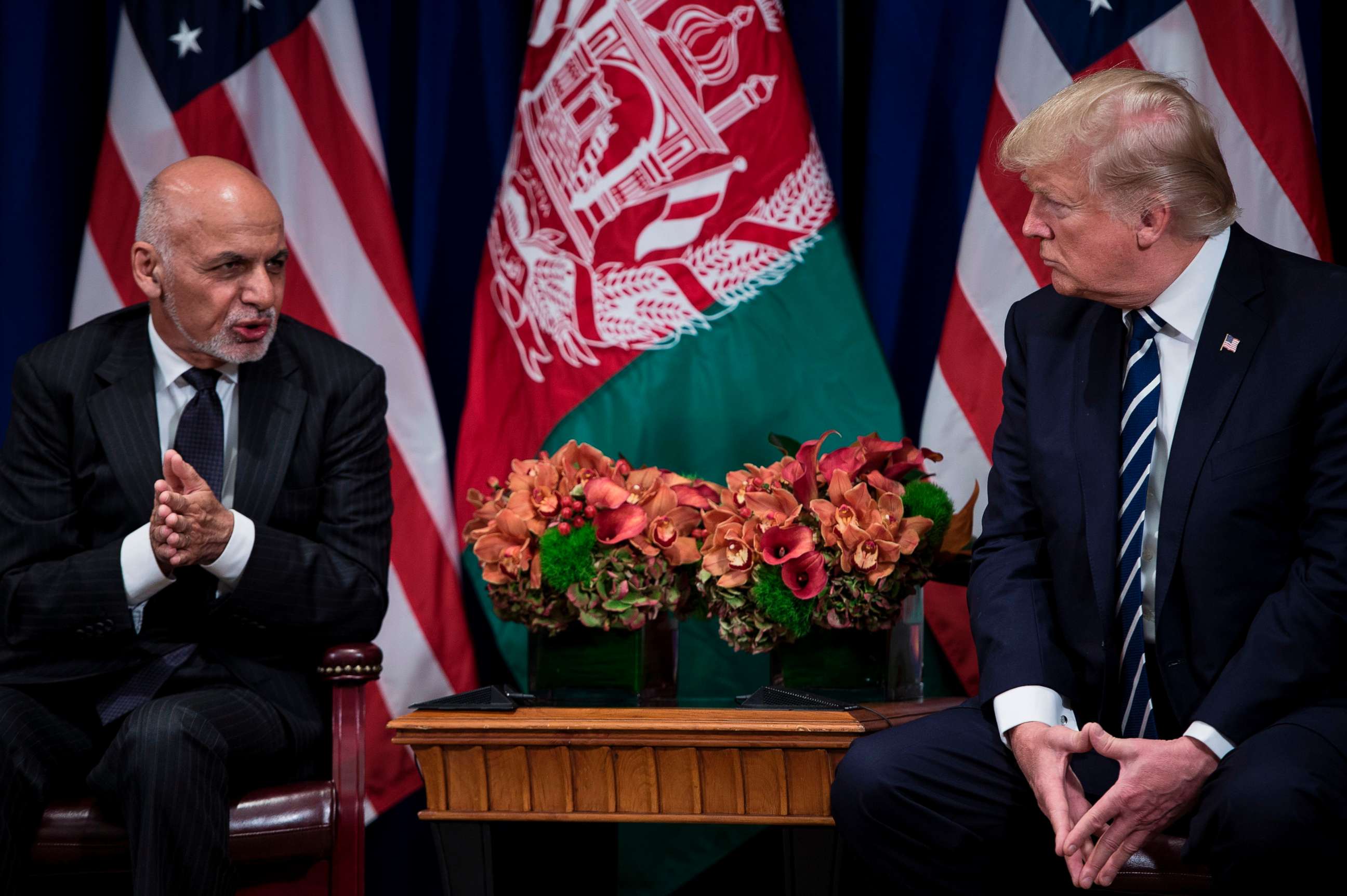 PHOTO: Afghanistan's President Ashraf Ghani speaks as President Donald Trump listens before a meeting at the Palace Hotel during the 72nd United Nations General Assembly, Sept. 21, 2017, in New York.