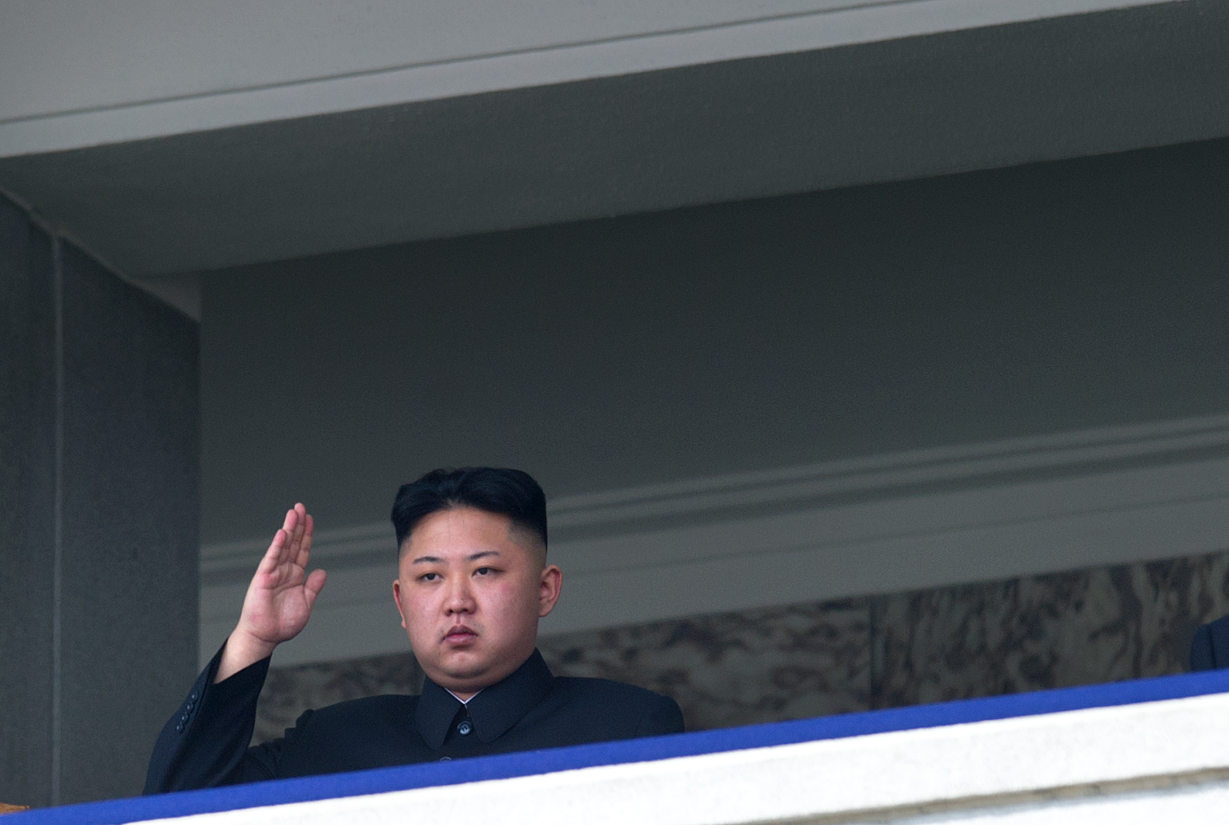 PHOTO: North Korean leader Kim Jong-Un salutes as he watches a military parade to mark 100 years since the birth of the country's founder and his grandfather, Kim Il-Sung, in Pyongyang on April 15, 2012.  