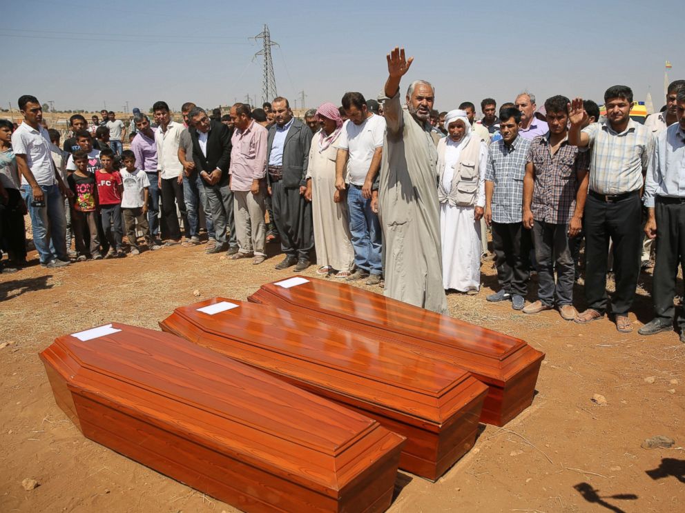 PHOTO:Relatives hold funeral of Syrian children Aylan, Galip, and mother, Rehan Kurdi, in the Syrian border town of Kobani, Sept. 4, 2015.