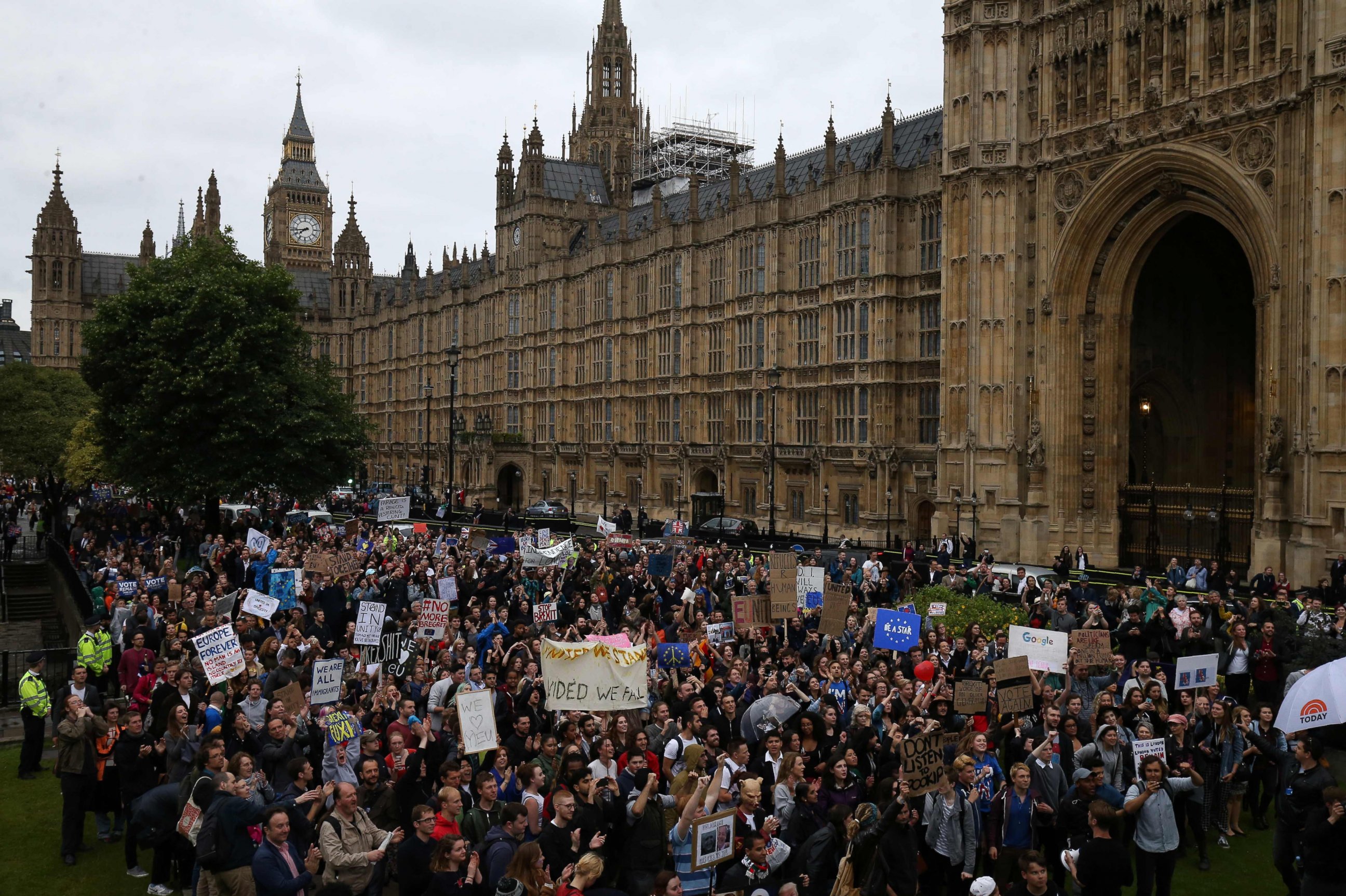 PHOTO: Demonstrators march onto College Green outside The Houses of Parliament at an anti-Brexit protest in London, June 28, 2016.
