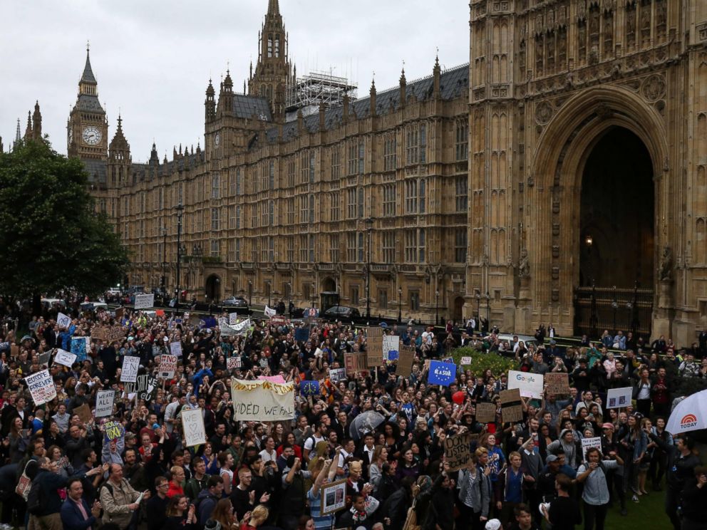 PHOTO: Demonstrators march onto College Green outside The Houses of Parliament at an anti-Brexit protest in London, June 28, 2016.