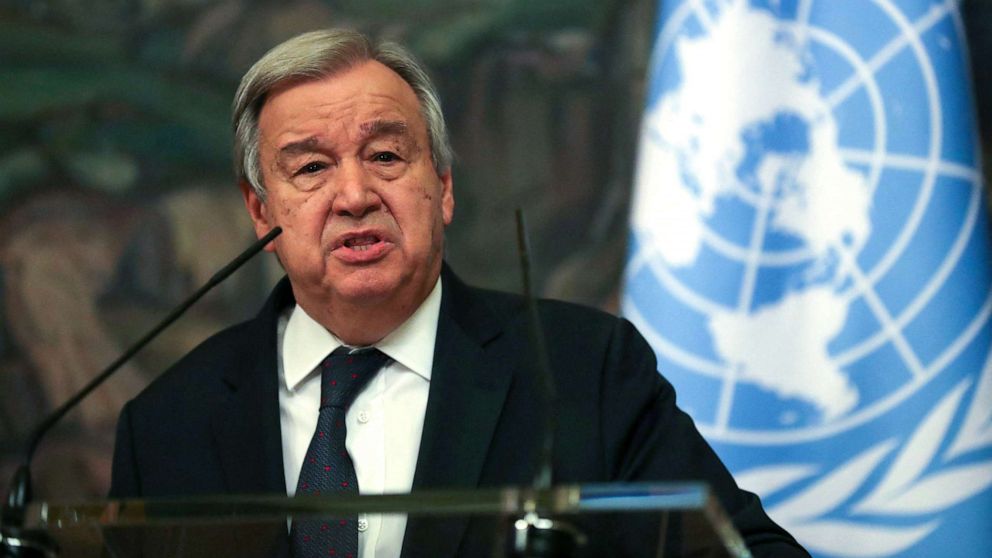 PHOTO: UN Secretary-General Antonio Guterres speaks during a joint press conference with Russian Foreign Minister following their talks in Moscow, April 26, 2022.