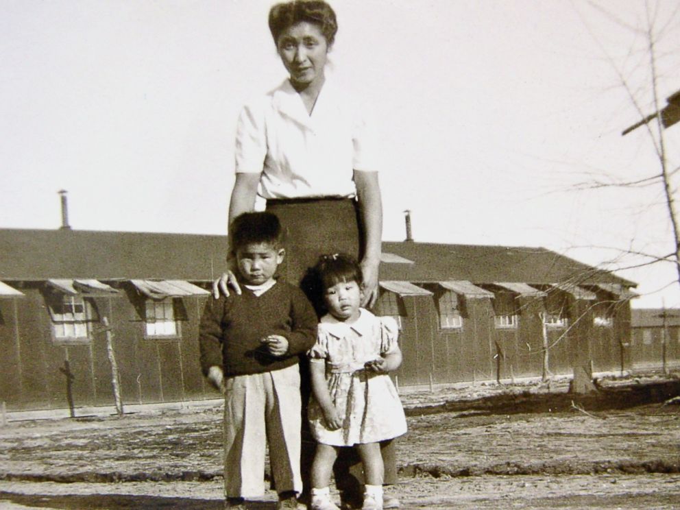 PHOTO: Satsuki Ina as a girl with her her brother, Kiyoshi, and mother, Shizuko Ina, at Tule Lake internment camp for Japanese Americans in 1945.