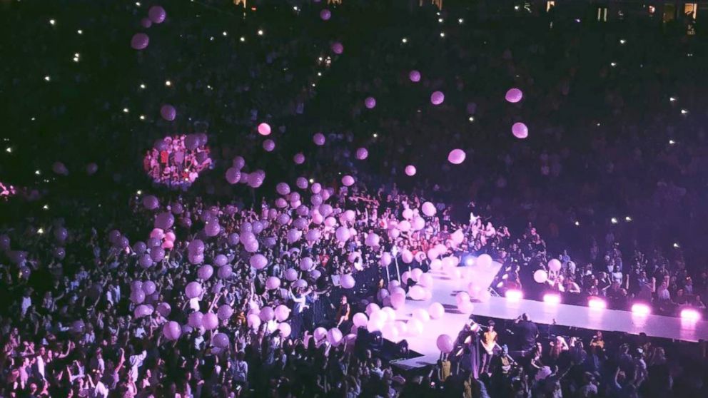Pink balloons dropped from the ceiling inside Manchester Arena at the Ariana Grande concert on Monday night.