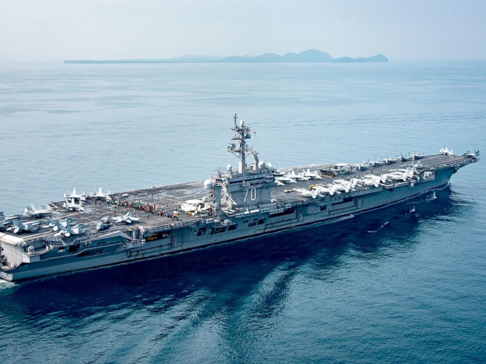 PHOTO: A Dept. of Defense handout photo showing the aircraft carrier USS Carl Vinson (CVN 70) as it transits the Sunda Strait, near Indonesia.