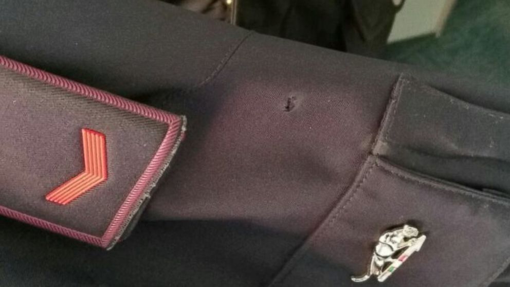 PHOTO: A bullet hole in the uniform of the Italian police officer wounded in a  shootout in Milan with Berlin attack suspect Anis Amri,  Dec. 23, 2016.
