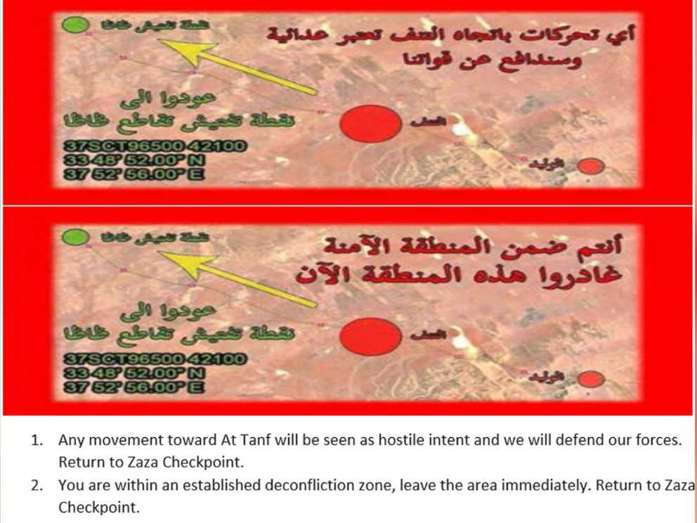 The U.S. dropped 90,000 leaflets on pro-regime forces inside a deconfliction zone around At Tanf, Syria in late May, asking them to leave the area immediately. The leaflet, given to ABC News by the Department of Defense, provides an English translation.