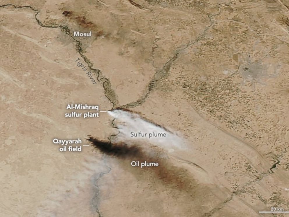 PHOTO: This satellite image from October 22, 2016 shows the sulfur and oil plumes spreading outside of Mosul. ISIS is reported to have set fire to oil fields and sulfur plants to provide cover during the October battle by Iraqi forces to retake Mosul.