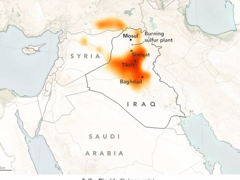 This map from Oct. 24, 2016, shows how sulfur dioxide, burning from a plant near Mosul, is spreading across Iraq. ISIS is reported to have set fire to oil fields and sulfur plants to provide cover during the October battle by Iraqi forces to retake Mosul.