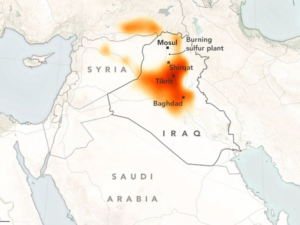 This map from Oct. 24, 2016, shows how sulfur dioxide, burning from a plant near Mosul, is spreading across Iraq. ISIS is reported to have set fire to oil fields and sulfur plants to provide cover during the October battle by Iraqi forces to retake Mosul.