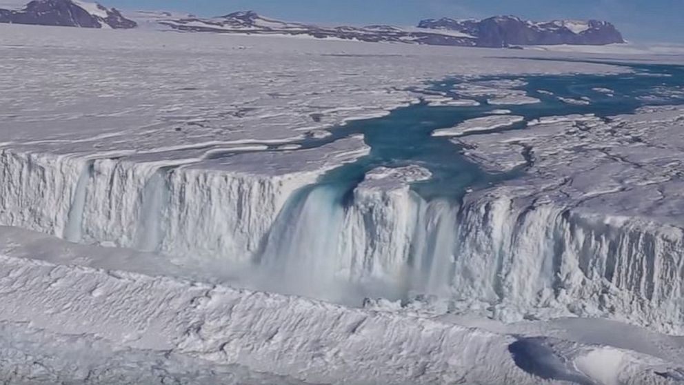 PHOTO: Earth Institute posted video taken by Wong Sang Lee/Korea Polar Research Institute, April 18, 2017, showing a 400-foot-wide waterfall draining off the Nansen Ice Shelf into the ocean.