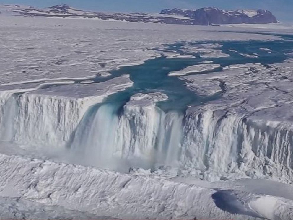 PHOTO: Earth Institute posted video taken by Wong Sang Lee/Korea Polar Research Institute, April 18, 2017, showing a 400-foot-wide waterfall draining off the Nansen Ice Shelf into the ocean.