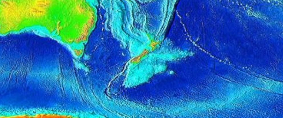 The topography of Zealandia is seen here in this land elevation map created by the World Data Center for Geophysics and Marine Geology.