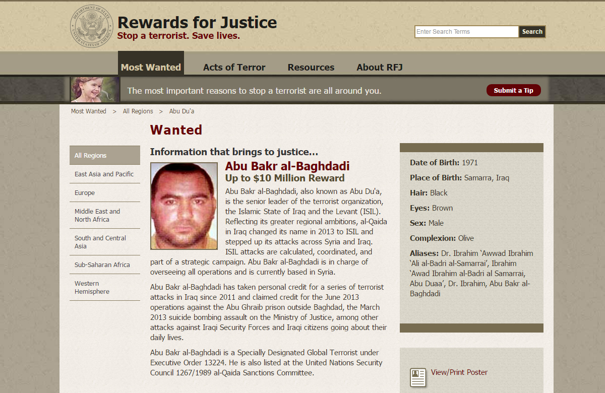 PHOTO: Screen grab of Rewards for Justice page of Abu Bakr al-Baghdadi.