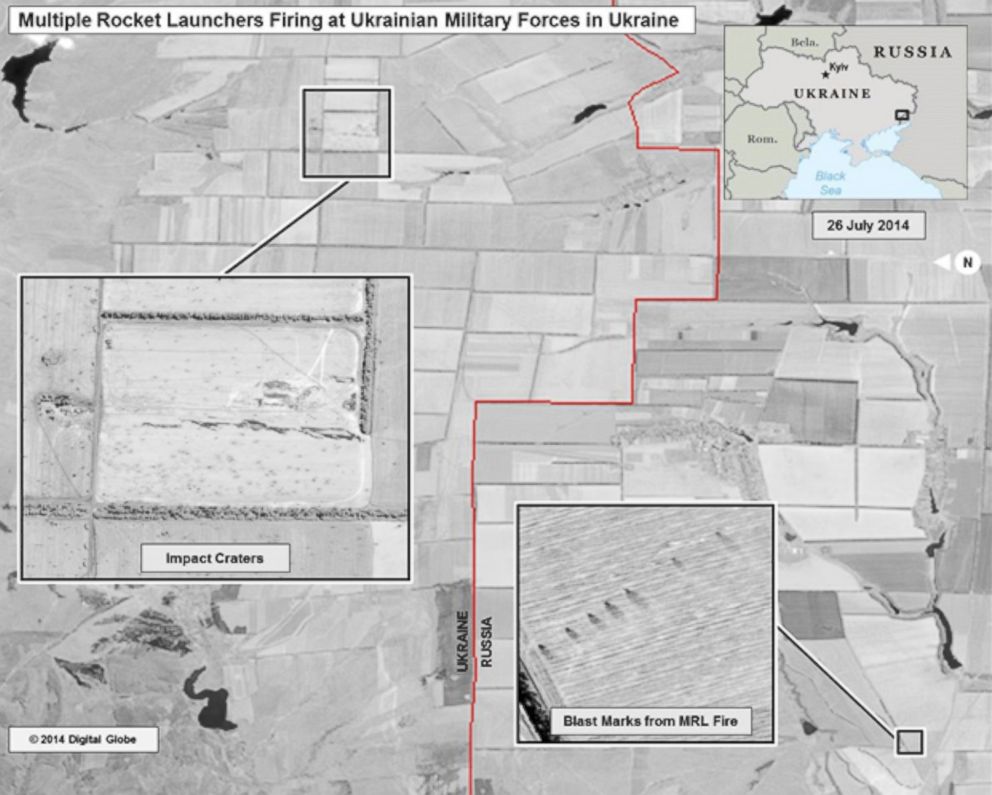 PHOTO: The ODNI says that this slide shows ground scarring at a multiple rocket launch site on the Russian side of the border oriented in the direction of Ukrainian military units within Ukraine. 