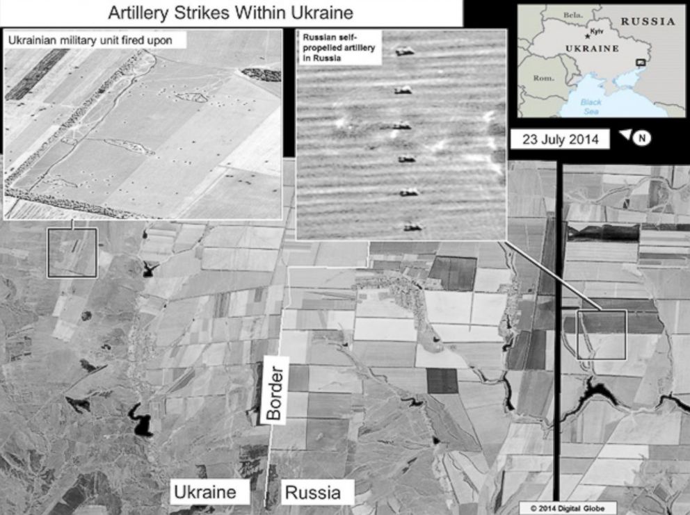 PHOTO: The ODNI says that this slide shows self-propelled artillery only found in Russian military units, on the Russian side of the border, oriented in the direction of a Ukrainian military unit within Ukraine. 