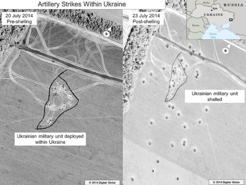 PHOTO: The ODNI says that this is a before and after close-up of the artillery strike depicted in the lower portion of the inset in the previous graphic.