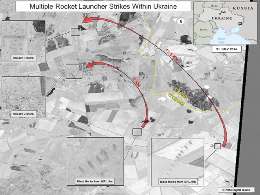 PHOTO: The ODNI says that this slide shows ground scarring at two multiple rocket launch sites oriented in the direction of Ukrainian military units. 