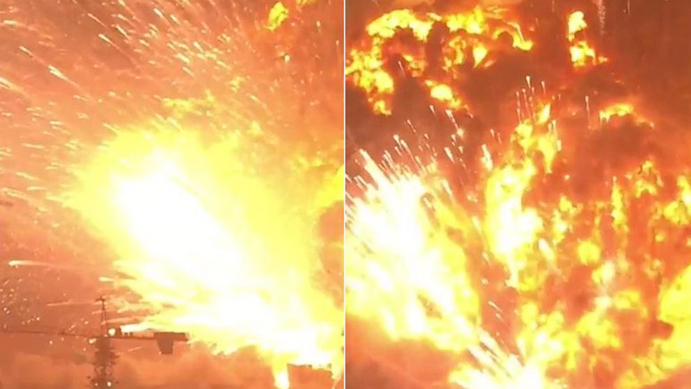 Still images from a video posted to YouTube on Aug. 12, 2015 by Daniel Van Duren show explosions in Tianjin, China.