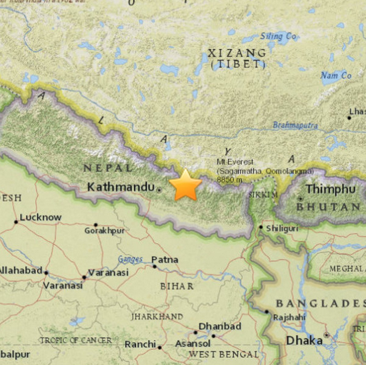 PHOTO: An image released by the United States Geological Survey shows the location of an earthquake in Nepal, May 12, 2015.