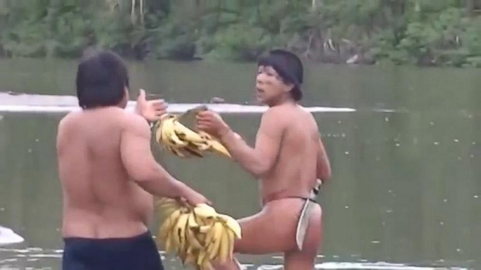 PHOTO: An Ashaninkan man, left, gives members of the uncontacted tribe, right, some fruit in this frame grab from an undated video taken on the banks of the Envira River in Brazil.