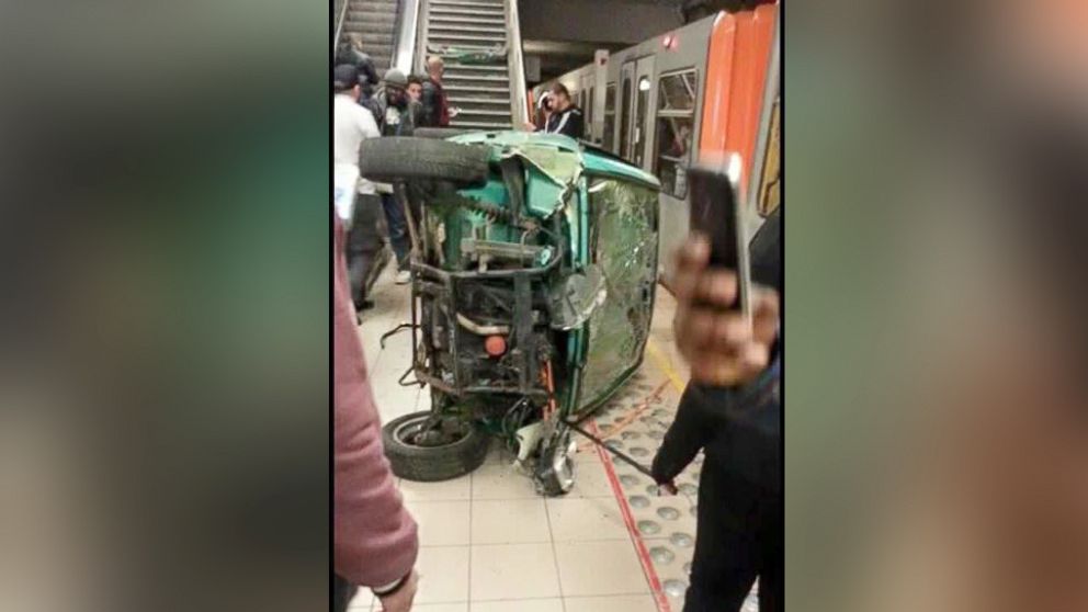 PHOTO: A video posted to YouTube on Dec. 31, 2015, appears to show a group of teenagers throwing a car down the stairs of a subway station in Brussels.