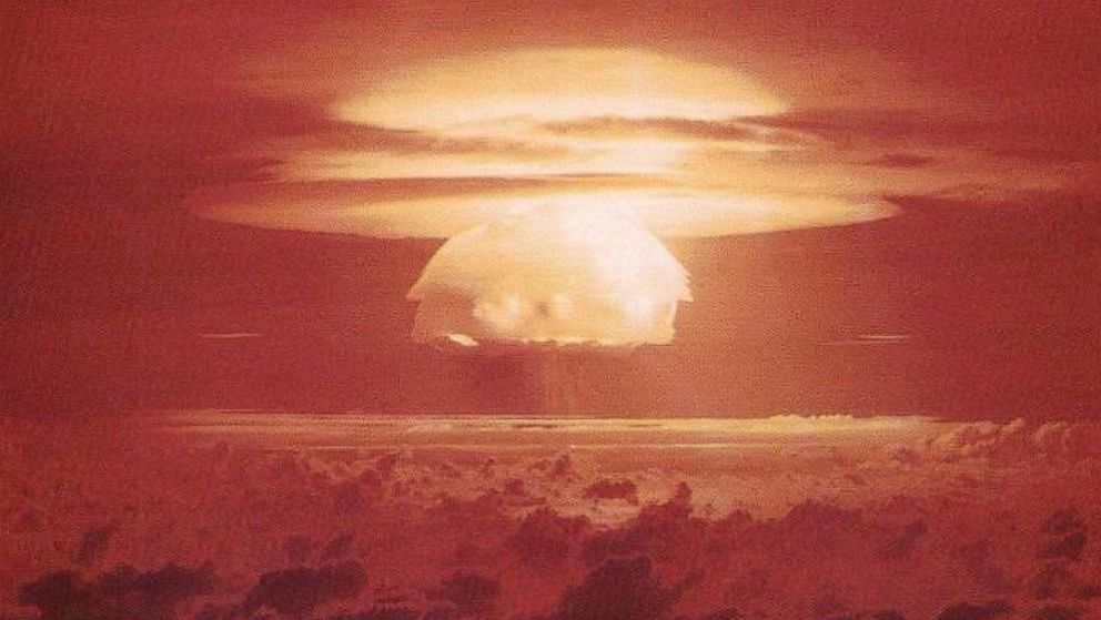 PHOTO: Nuclear weapon test Bravo (yield 15 Mt) on Bikini Atoll. The test was part of the Operation Castle. The Bravo event was an experimental thermonuclear device surface event.