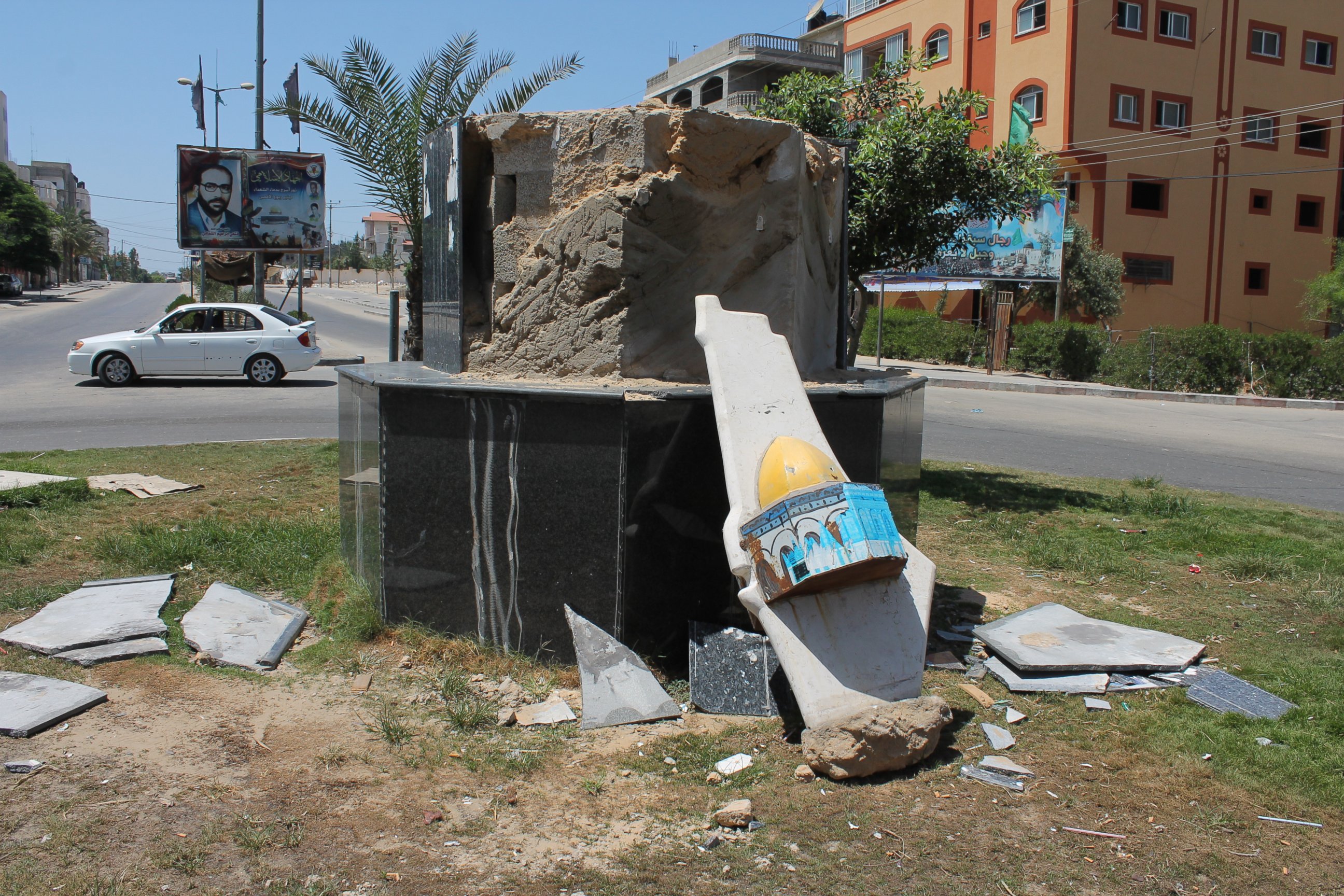 PHOTO: A monument depicting the al-Aqsa mosque in Jerusalem lies broken after damages sustained over several days of Israeli airstrikes.