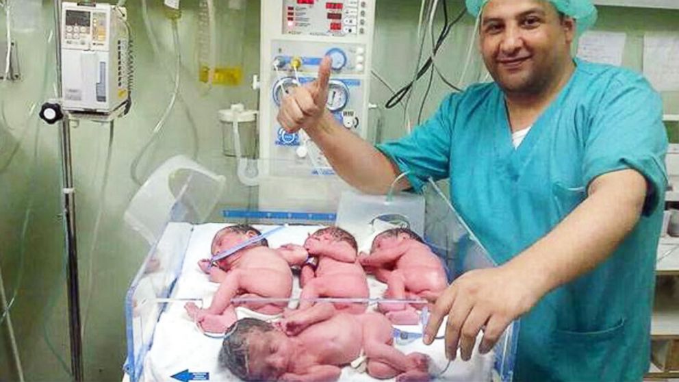 PHOTO: Dr.Bassel Abuwarda posted this image to her Twitter account on July 31, 2014 with the text, "Despite the pain, Palestinian mother gave birth to quadruplets last night in #Gaza."