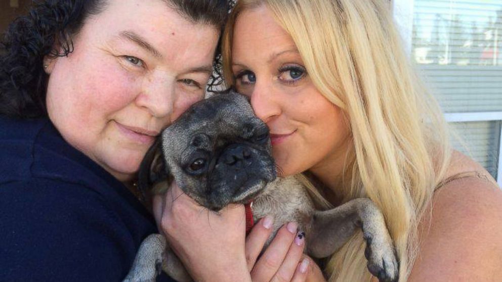 Justine Holmlund (right) last saw her pug Tyson in 2010 when she tied him up outside of a supermarket. 