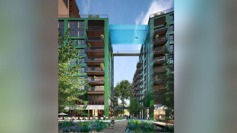 Plans for a suspended swimming pool named 'Sky Pool' have been unveiled for Embassy Gardens - the residential heart of London's newest neighborhood, Nine Elms on the South Bank.