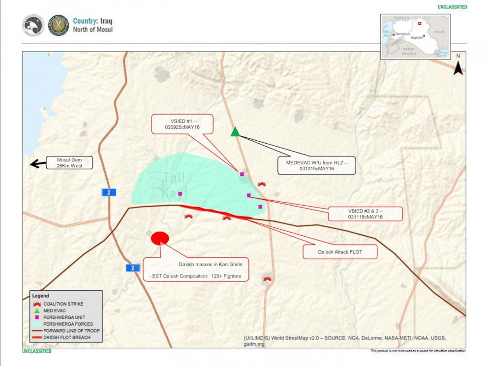 PHOTO: A map provided by the Department of Defense details the ISIS (Daesh) assault on Tel Skuf. A force of 125 ISIS fighters crossed the Peshmerga’s front lines (FLOT) on Tuesday, May 3, 2016, assaulting the town. 