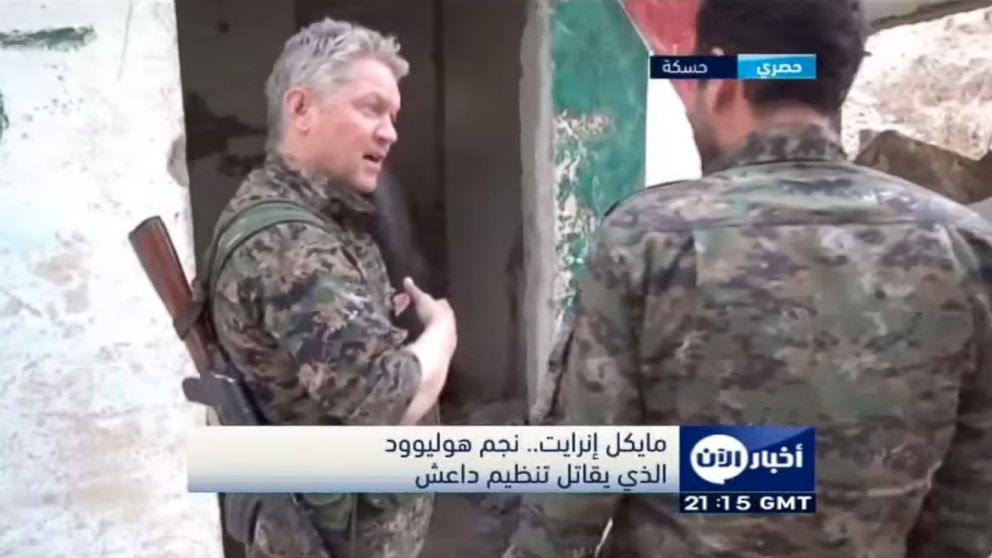 Hollywood actor Michael Enright, originally from Manchester, UK, who appeared in "Pirates of the Caribbean" and "Knight and Day" and is pictured here in an interview with Al Aan TV, has taken a break from Hollywood for the frontline in Syria.