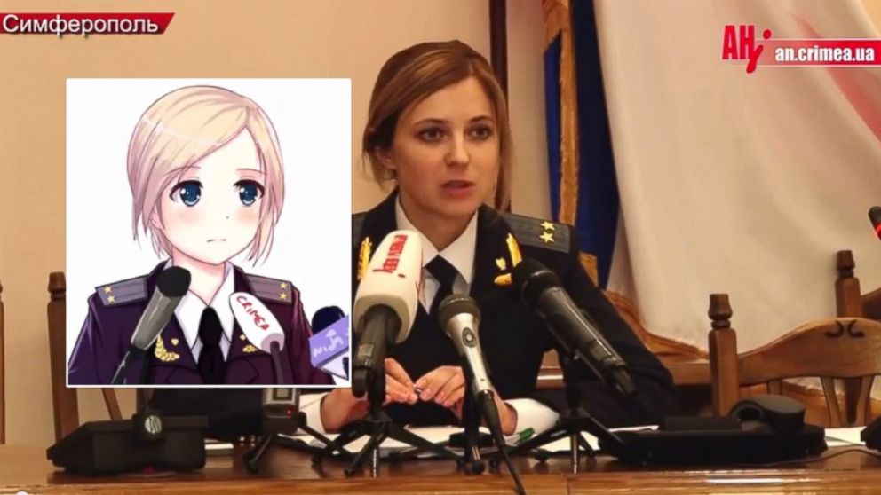 PHOTO: Natalia Poklonskaya is seen during her March 2014 speech. Inset: one of many animated sketches of Poklonskaya that is circulating the internet. 