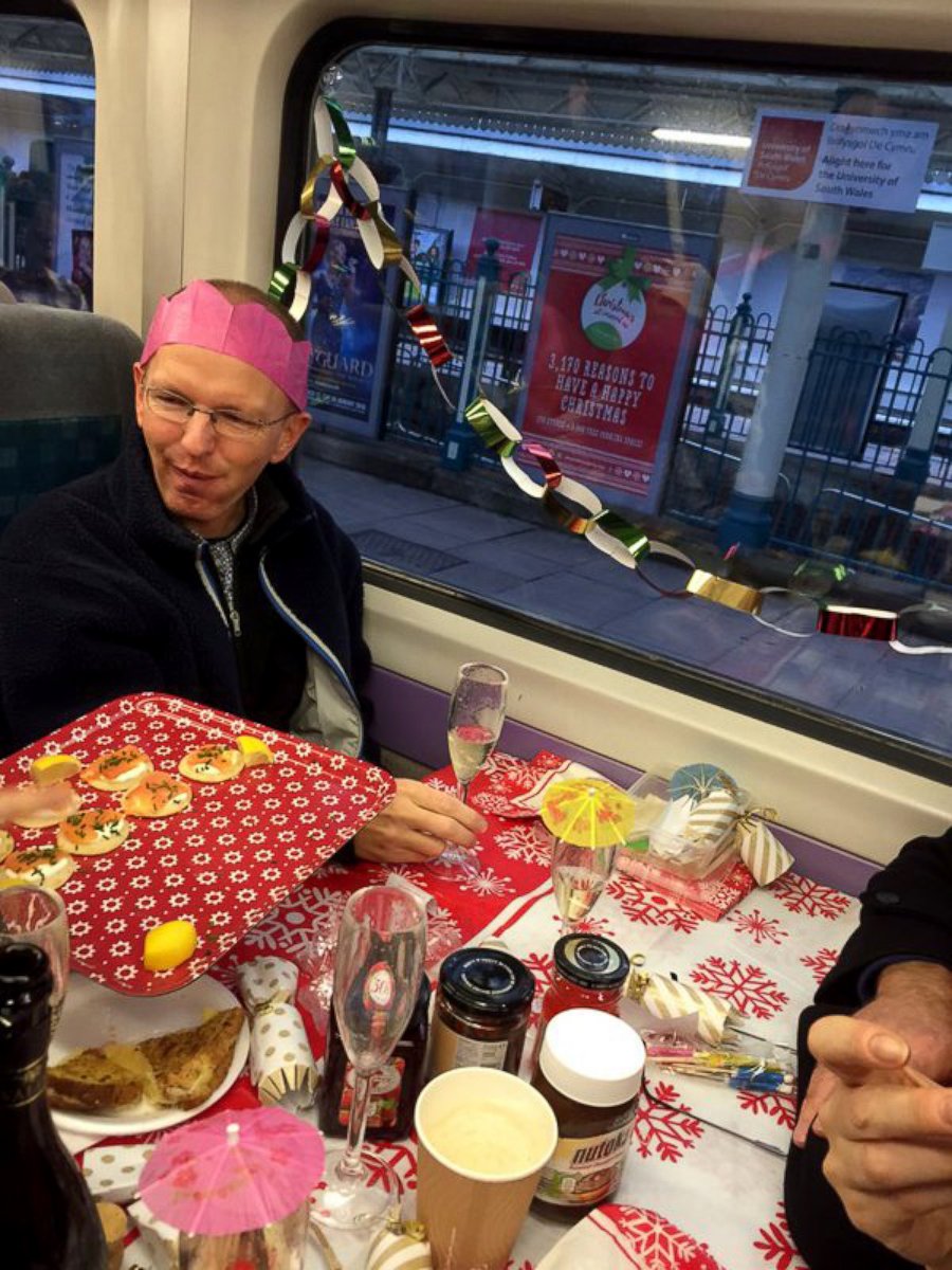 PHOTO: The Welsh group brought snacks and prosecco to their train party Friday. 