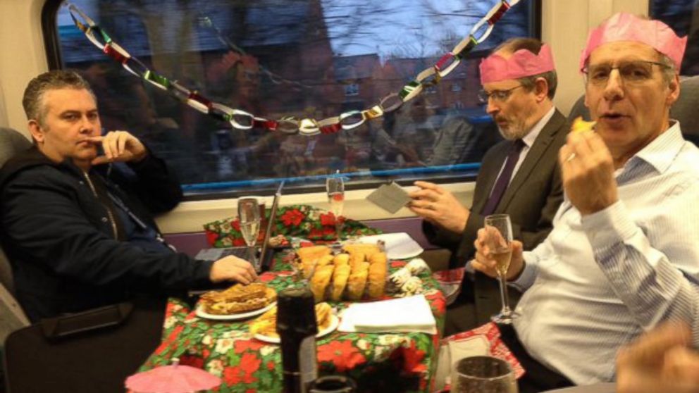 The friends often commute together from Abergavenny to Cardiff and decided to plan a Christmas celebration for Friday morning.
